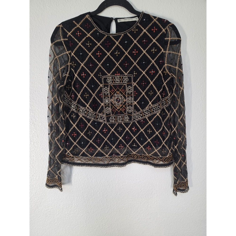 Zara Basic Women S Black Geometric Long Sleeve Top Blouse Boho Cotton Shirt